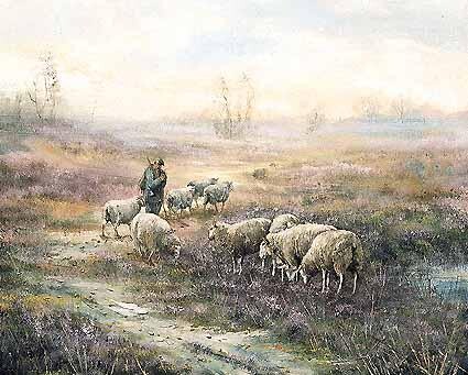 Painting titled "sheep in the heathe…" by Leon Engelen, Original Artwork