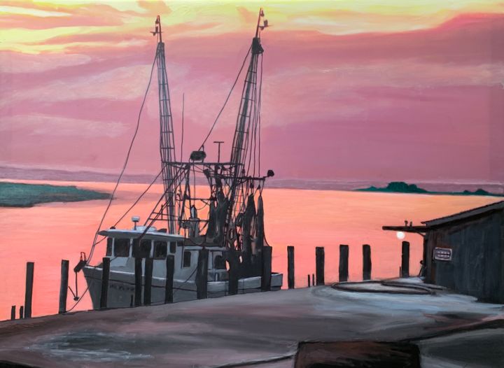 Painting titled "Shrimp Boat in Thun…" by Patricia Leone, Original Artwork, Oil