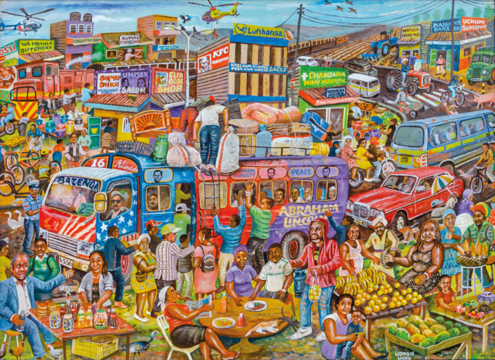 Peinture intitulée "Market day in Kawan…" par Leonard Ngure, Œuvre d'art originale, Huile