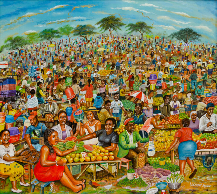 Painting titled "Fruit Market in Emb…" by Leonard Ngure, Original Artwork, Oil