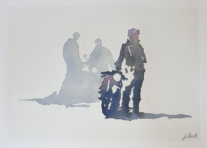 Painting titled "Rest of the bikers" by Leonardo Arieti, Original Artwork, Watercolor