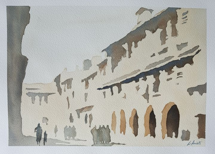 Painting titled "Strada del borgo" by Leonardo Arieti, Original Artwork, Watercolor