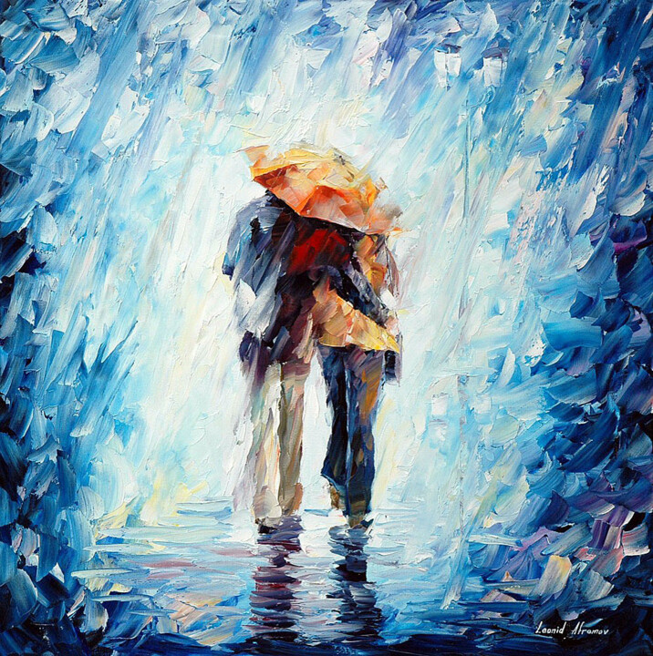 Картина под названием "Under the rain" - Leonid Afremov Studio, Подлинное произведение искусства, Масло