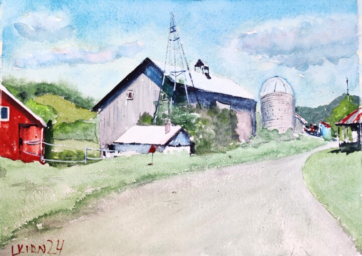 Painting titled "The Barn" by Leonid Kirnus, Original Artwork, Watercolor