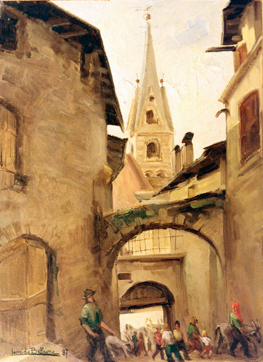 Pittura intitolato "BORMIO: LA CITTA' V…" da Leonida Beltrame, Opera d'arte originale, Olio