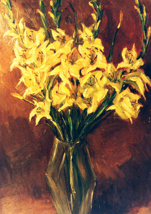 Pittura intitolato "VASO DI GLADIOLI -…" da Leonida Beltrame, Opera d'arte originale, Olio