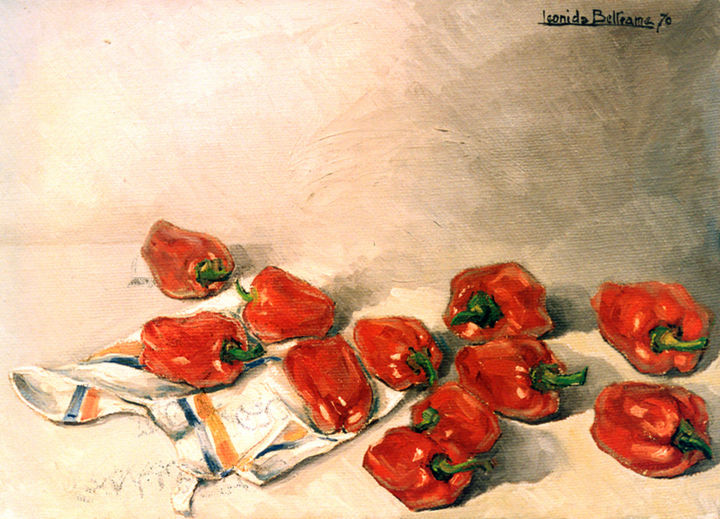 Schilderij getiteld "PEPERONI - PEPPERS" door Leonida Beltrame, Origineel Kunstwerk, Olie