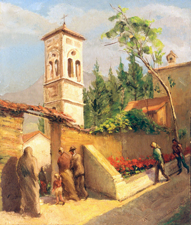 Schilderij getiteld "BARZIO: CHIESA DEL…" door Leonida Beltrame, Origineel Kunstwerk, Olie