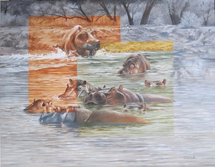 Painting titled "Hippo Hole" by Leonora De Lange, Original Artwork, Oil Mounted on Wood Stretcher frame
