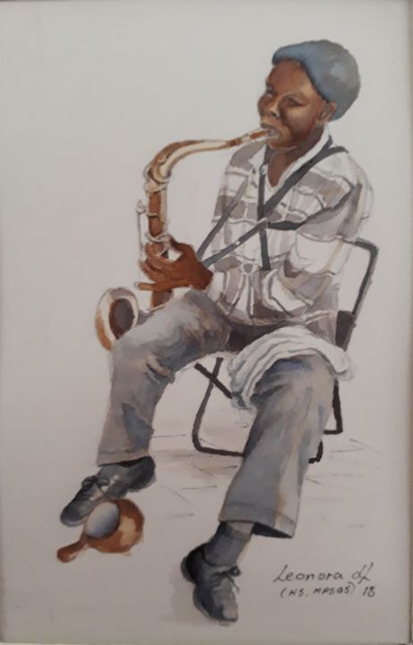 Schilderij getiteld "Sax Player" door Leonora De Lange, Origineel Kunstwerk, Inkt Gemonteerd op Karton