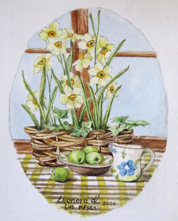 Painting titled "Daffodils and apple…" by Leonora De Lange, Original Artwork, Watercolor