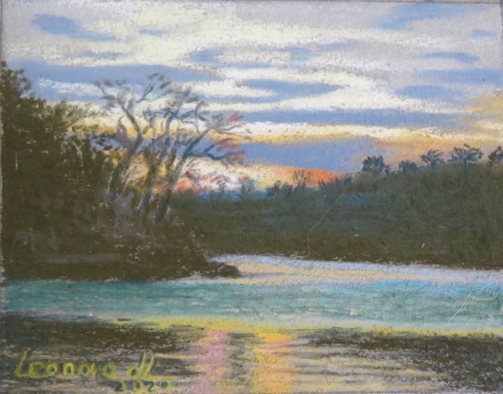 Dessin intitulée "Sunset at Lake Kari…" par Leonora De Lange, Œuvre d'art originale, Pastel