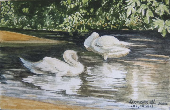 Painting titled "Swans in the shadow…" by Leonora De Lange, Original Artwork, Watercolor