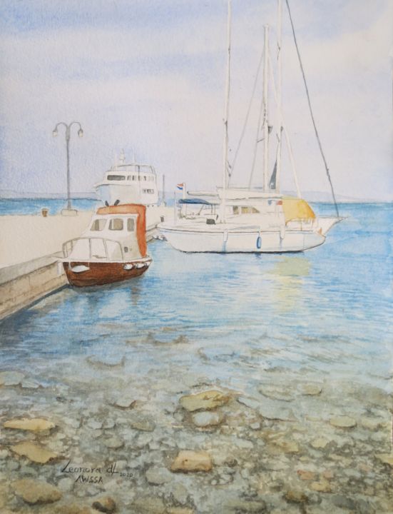 Pittura intitolato "Harbour at Zlarin,…" da Leonora De Lange, Opera d'arte originale, Acquarello
