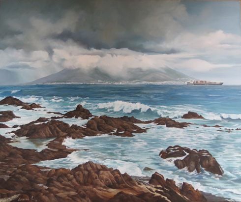Painting titled "Storm over Cape Town" by Leonora De Lange, Original Artwork, Oil Mounted on Wood Stretcher frame