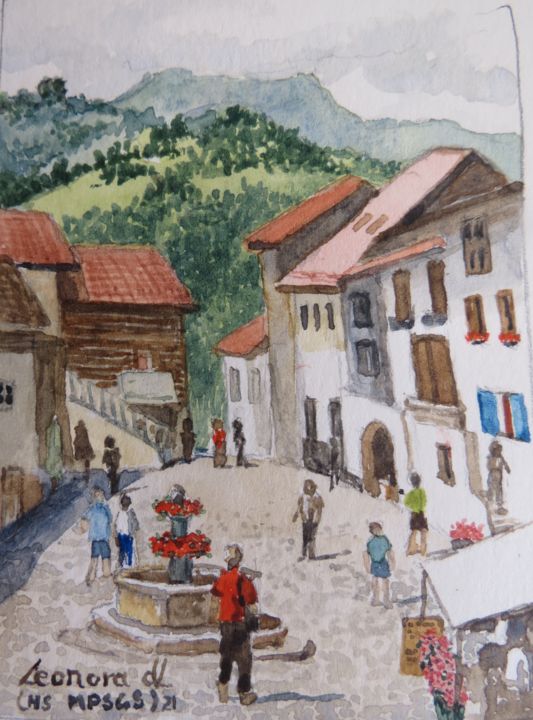 Painting titled "Gruyer Main Street…" by Leonora De Lange, Original Artwork, Watercolor