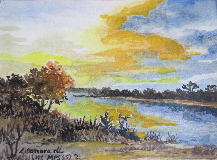 Painting titled "Tranquil Sunset. 75…" by Leonora De Lange, Original Artwork, Watercolor