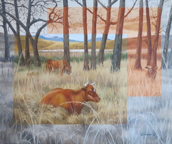 Painting titled "Cows in the Grass" by Leonora De Lange, Original Artwork, Oil