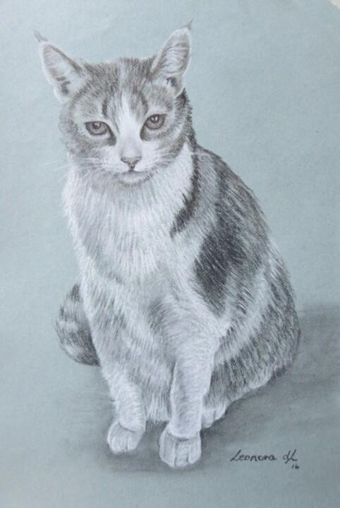 Drawing titled "My Little Cat" by Leonora De Lange, Original Artwork, Charcoal