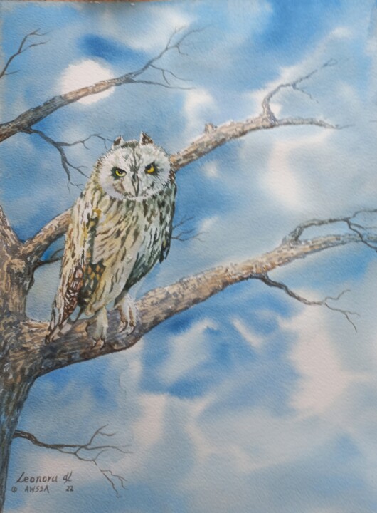 Painting titled "Owl in the Moonlight" by Leonora De Lange, Original Artwork, Watercolor