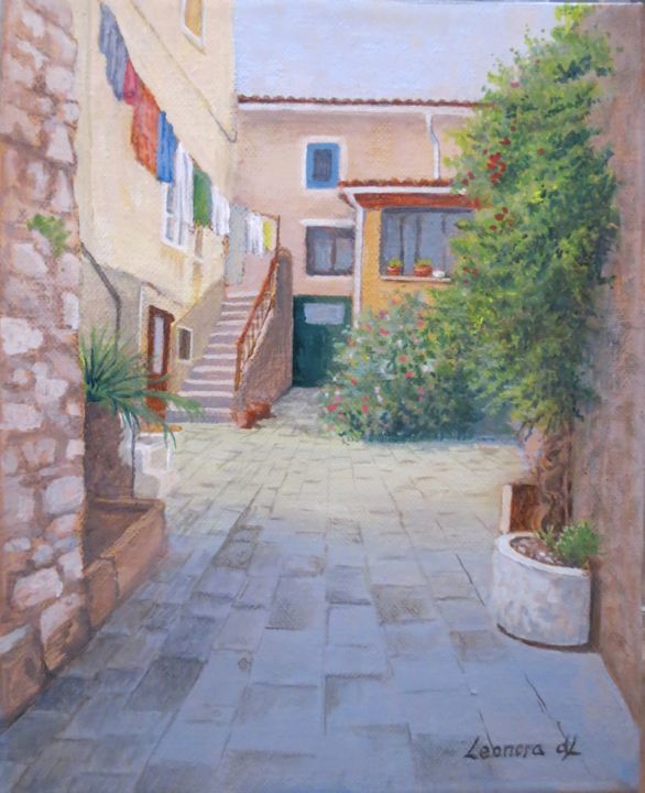 Painting titled "A home in Korcula" by Leonora De Lange, Original Artwork, Acrylic Mounted on Wood Stretcher frame
