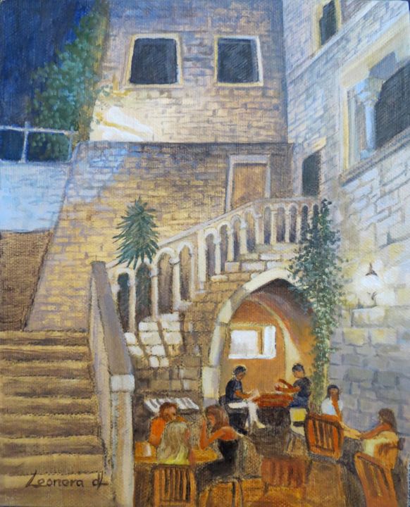 Painting titled "Dinner time in Split" by Leonora De Lange, Original Artwork, Acrylic Mounted on Wood Stretcher frame