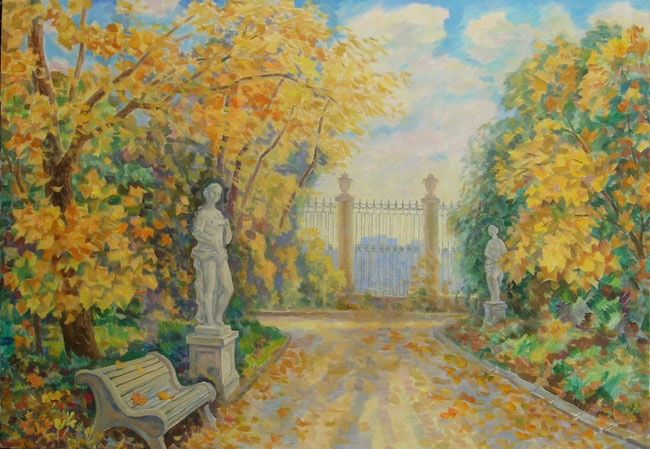 Painting titled "Autumn's park" by Leonid Zikeev, Original Artwork, Oil