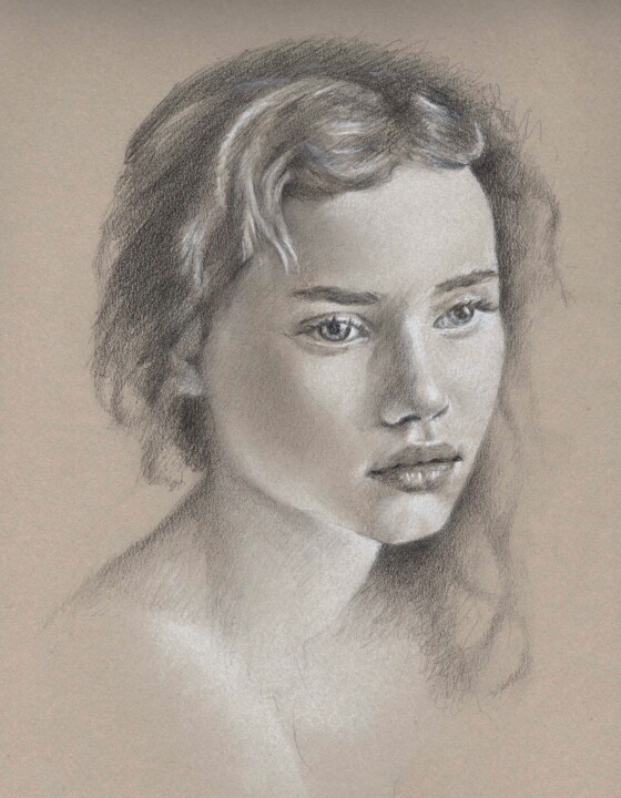 Drawing titled "Retrato de joven" by Leopoldo Fernandez Sanchez, Original Artwork, Graphite