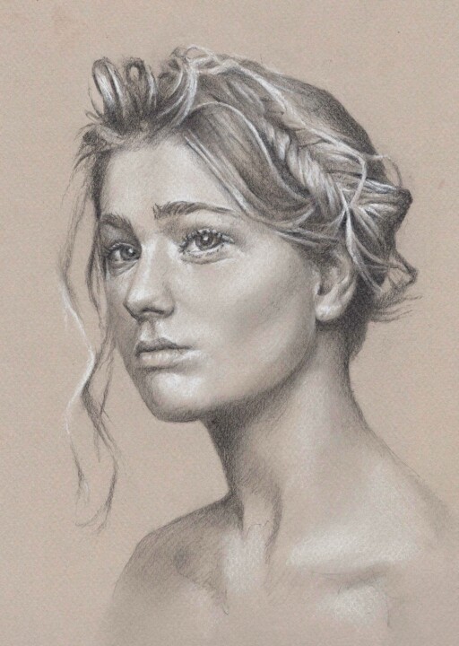 Drawing titled "Retrato de mujer" by Leopoldo Fernandez Sanchez, Original Artwork, Graphite
