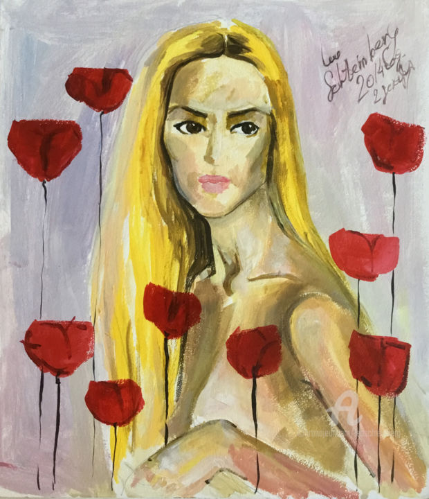 Painting titled "A Girl and a Poppy" by Leo Schteinberg, Original Artwork, Acrylic