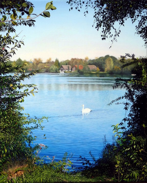 Malerei mit dem Titel "Am See" von Leo Windeln, Original-Kunstwerk, Öl