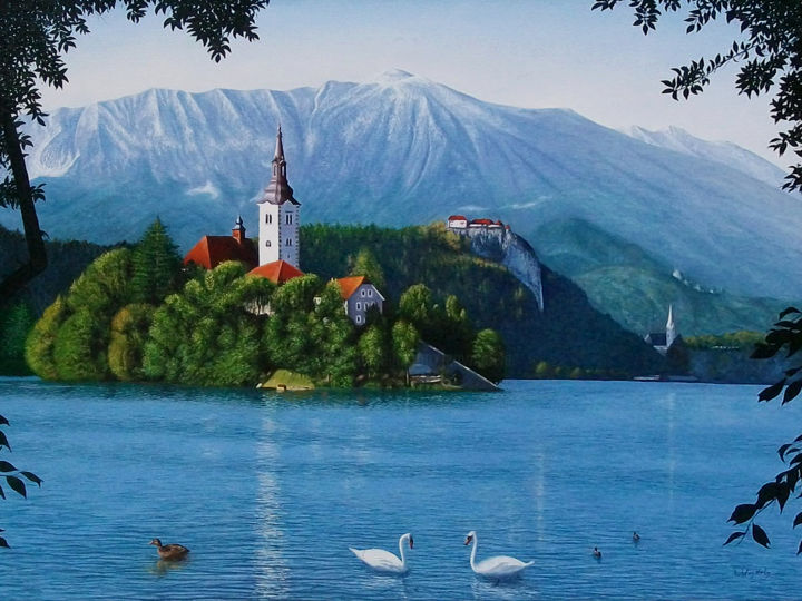 Malerei mit dem Titel "Bled Slowenien" von Leo Windeln, Original-Kunstwerk, Öl