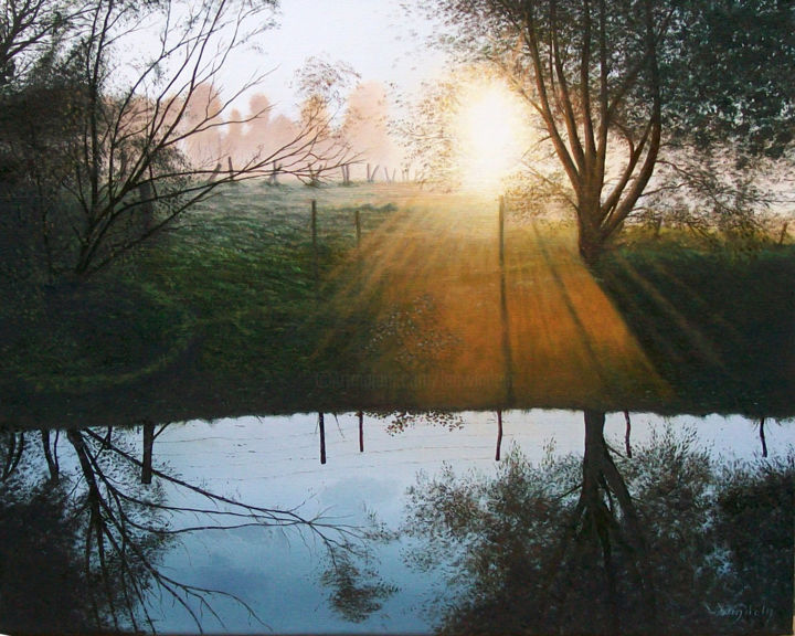 Painting titled "Sonnenaufgang an de…" by Leo Windeln, Original Artwork, Oil