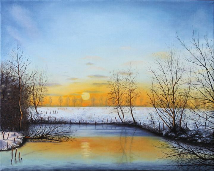 Peinture intitulée "Wintermorgen" par Leo Windeln, Œuvre d'art originale, Huile