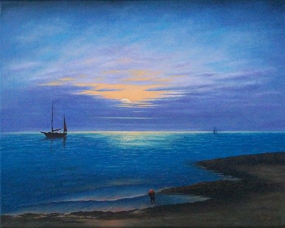 Painting titled "Romantische See" by Leo Windeln, Original Artwork, Oil