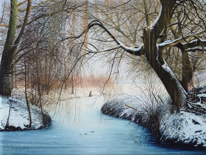 Malerei mit dem Titel "Weidenbaum im Winter" von Leo Windeln, Original-Kunstwerk, Öl