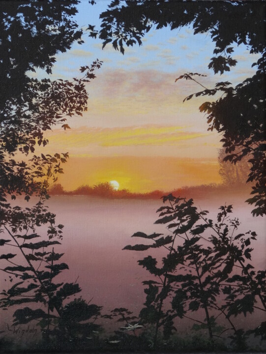 Malerei mit dem Titel "Sonnenaufgang im He…" von Leo Windeln, Original-Kunstwerk, Öl Auf Keilrahmen aus Holz montiert