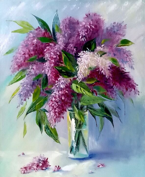 Painting titled "Lilac bouquet" by Lera Prokazova, Original Artwork, Oil