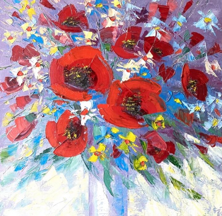 Картина под названием "bright bouquet of p…" - Лера Проказова, Подлинное произведение искусства, Масло