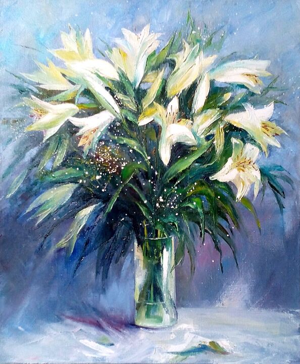 Painting titled "lilies" by Lera Prokazova, Original Artwork, Oil