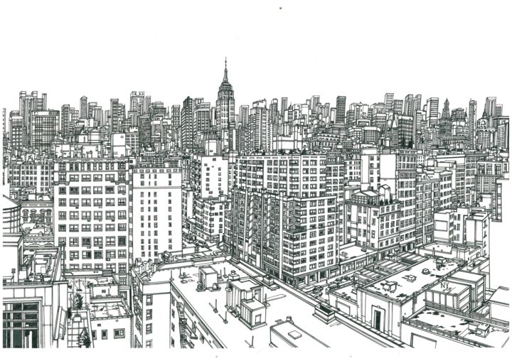 Dessin intitulée "NEW YORK" par Lera Ryazanceva, Œuvre d'art originale, Encre