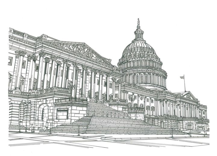 Dessin intitulée "WASHINGTON" par Lera Ryazanceva, Œuvre d'art originale, Encre