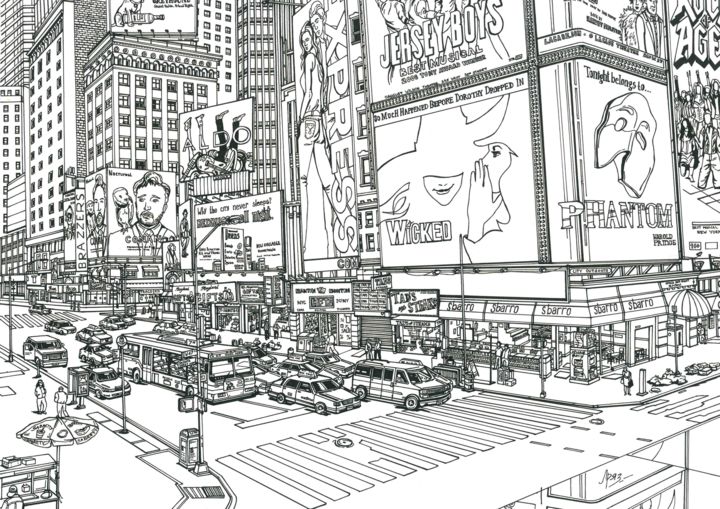 Zeichnungen mit dem Titel "Times Square" von Lera Ryazanceva, Original-Kunstwerk, Tinte