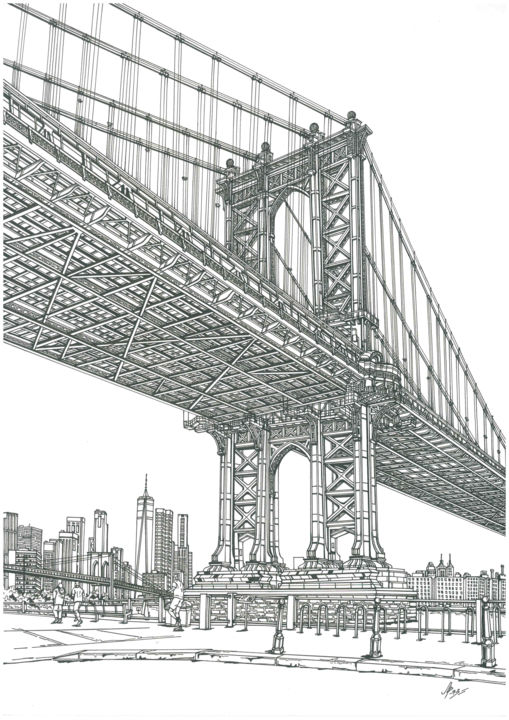 「Manhattan Bridge」というタイトルの描画 Lera Ryazancevaによって, オリジナルのアートワーク, インク