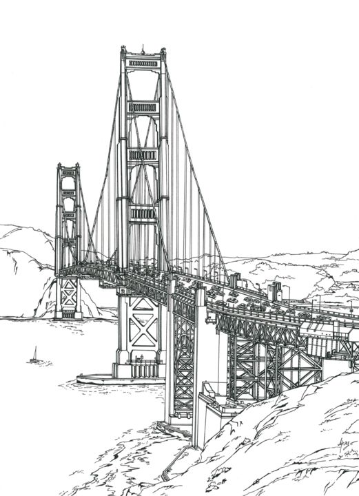 Dessin intitulée "Golden Gate Bridge" par Lera Ryazanceva, Œuvre d'art originale, Encre