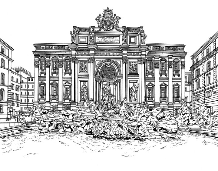 Рисунок под названием "Rome Trevi Fountain" - Lera Ryazanceva, Подлинное произведение искусства, Чернила