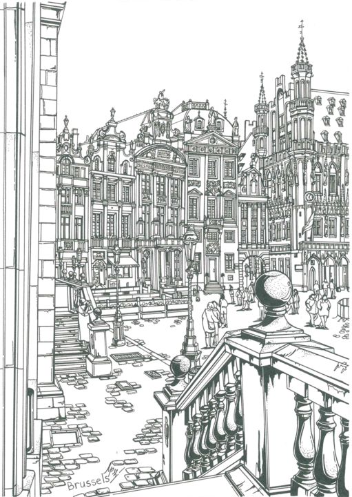 「Brussels Grand Place」というタイトルの描画 Lera Ryazancevaによって, オリジナルのアートワーク, インク
