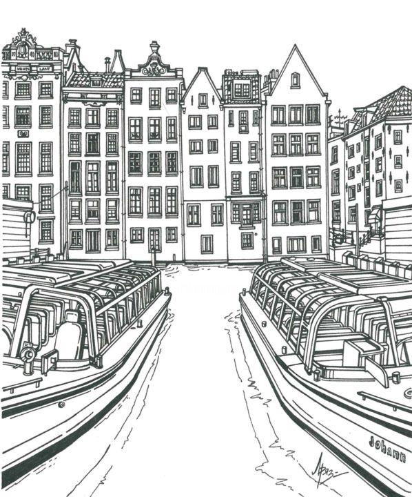 제목이 "Amsterdam Canal"인 그림 Lera Ryazanceva로, 원작, 잉크