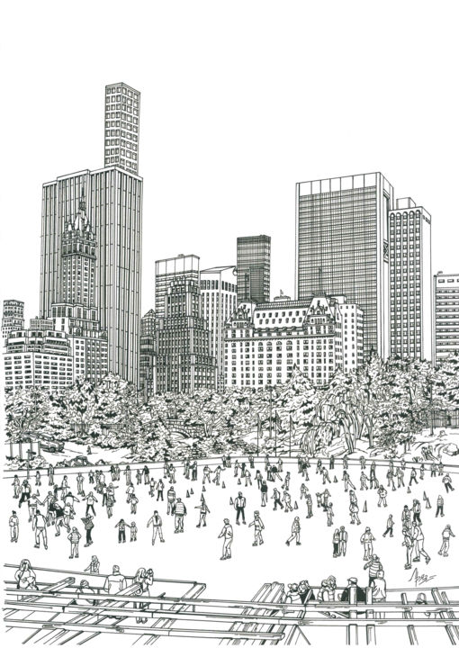 Рисунок под названием "Central Park" - Lera Ryazanceva, Подлинное произведение искусства, Чернила