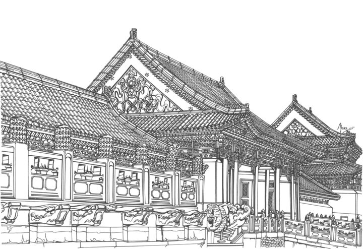 Drawing titled "Forbidden City China" by Lera Ryazanceva, Original Artwork, Ink